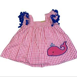 4/$25 - Classic Whimsy Pink &‎ White Gingham Top with Blue Pom Poms at Sleeves